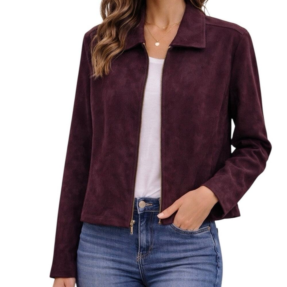 First Option Faux Suede Jacket Large Purple Zip Front Cropped Blazer Style‎